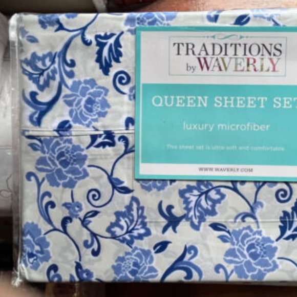 NEW Waverly Blue Floral Vines QUEEN Sheet Set - microfiber